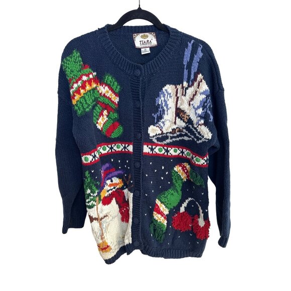 Vtg. 90's Winter Cardigan Sweater Hand Knit Snowman Ice Skates 3D Wearable Art - Picture 1 of 13
